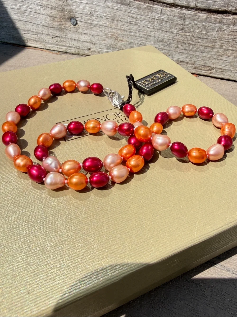 NWT Honora 17” red, orange, champagne dyed freshwater pearl necklace w/ 925!